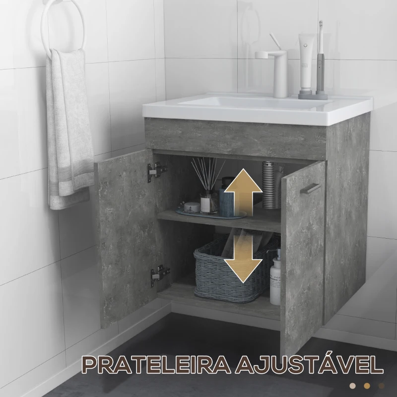 kleankin Móvel Casa de Banho com Lavatório Cerâmico Móvel Casa de Banho de Parede com 2 Portas e Prateleira Ajustável 60x45,5x60 cm Cinza