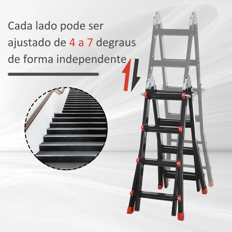 HOMCOM Escada Telescópica de Alumínio 4 m Escada Extensível Dobrável com 4 Degraus Ajustáveis Preto e Vermelho