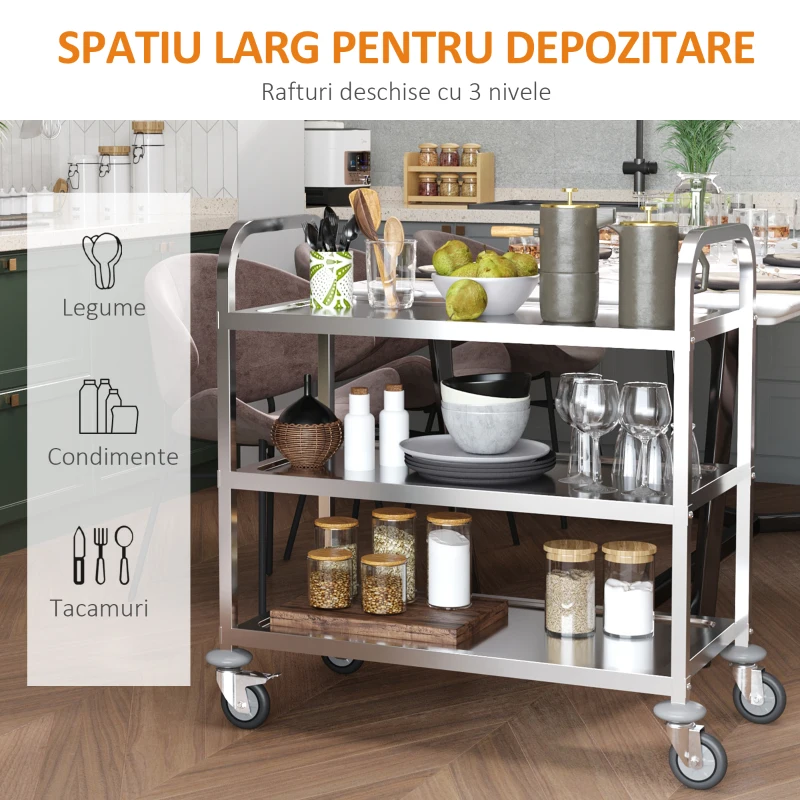 HOMCOM Carucior Pentru Bucatarie 3 Rafturi in Otel Inox 85x45x90cm