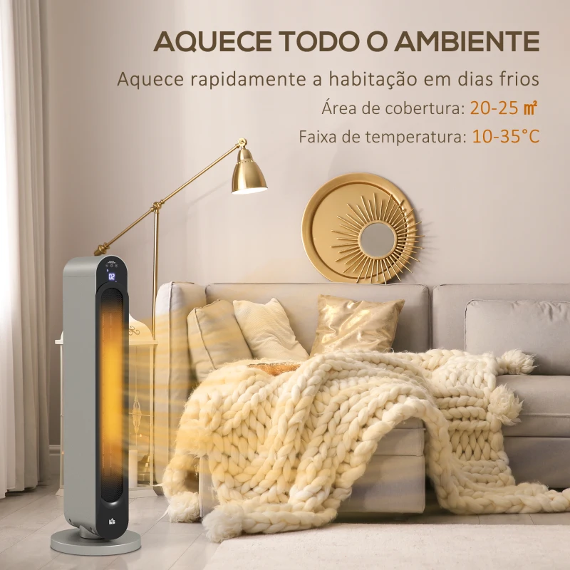 HOMCOM Aquecedor Cerâmico de Torre 1100/2200W com Controlo Remoto Ecrã LED Temporizador de 12h Termostato 3 Modos Ø25x73,5 cm Prata e Preto