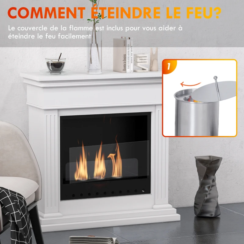 HOMCOM Cheminée à l'éthanol bioéthanol 3 brûleurs 0,4L couverture 16-18 ㎡ autonomie environ 2h - blanc