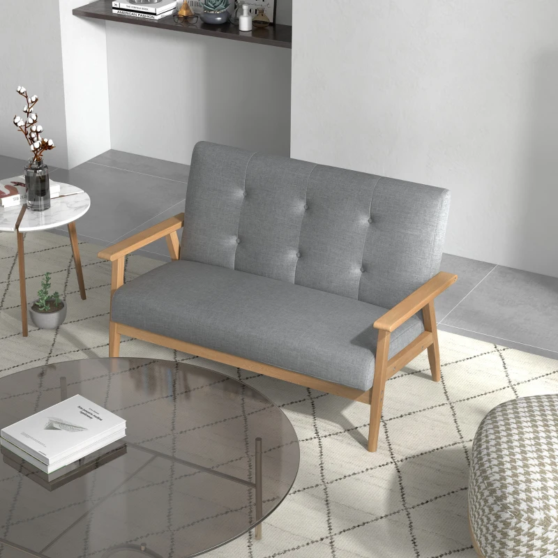 HOMCOM Modern 2 Seater Sofa Linen Fabric Upholstery Tufted Couch with Rubberwood Legs Dark Grey