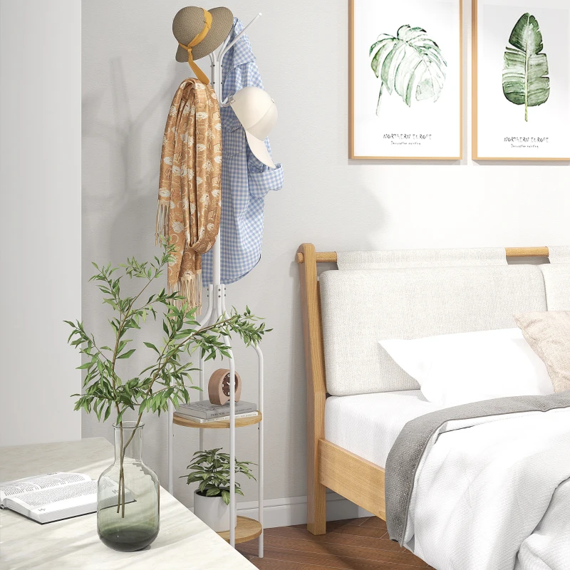 HOMCOM Cabide de Pé com 2 Prateleiras Cabide de Pé para Roupa de Metal com 8 Ganchos Ø34x181 cm Branco