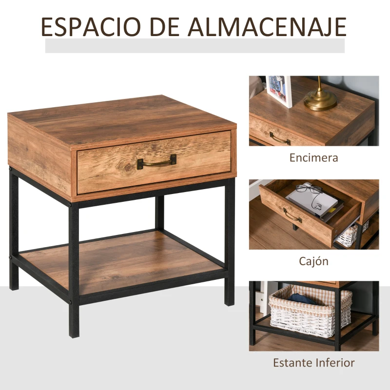 HOMCOM Mesita de Noche Mesilla de Noche con Cajón y Estante Abierto Estilo Industrial Mesa Auxiliar para Dormitorio Sala 48x40x51,5 cm Teca y Negro