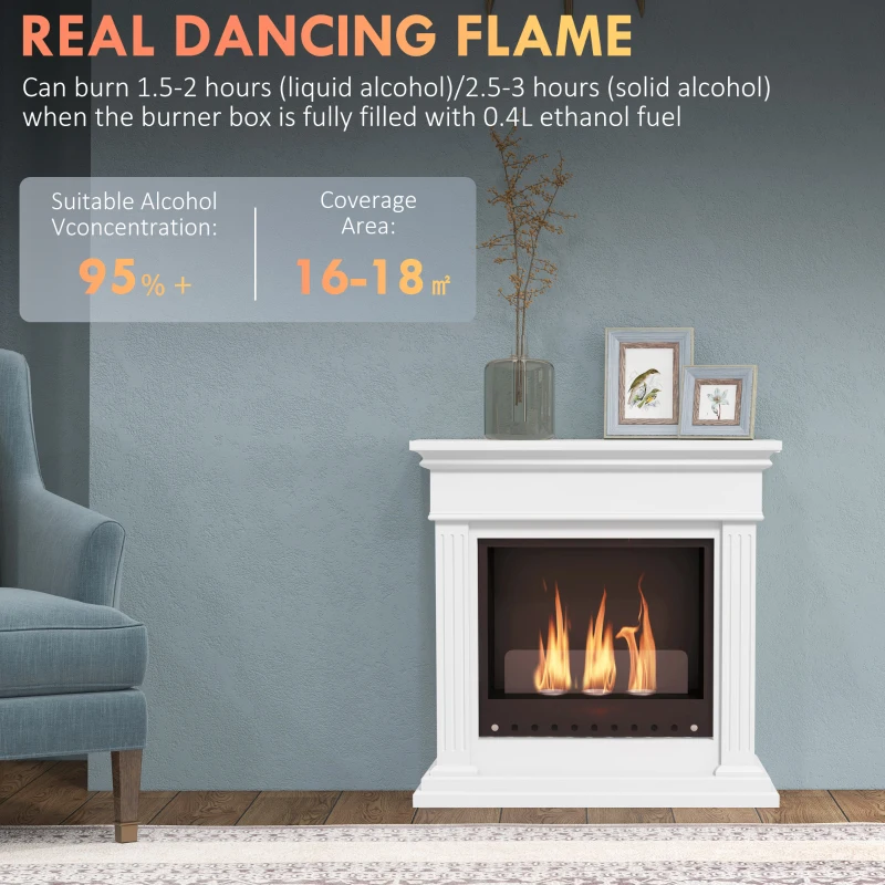 HOMCOM Semineu cu Etanol fara Aerisire, Semineu fara Ventilatie, Semineu Independent cu Capac de Flacara, Rezervoare de 0,4L, Max 18㎡, Arde cu Alcool Lichid si Alcool Solid, Alb