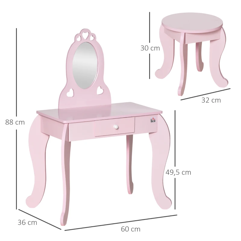HOMCOM Coiffeuse Enfant Design Girly avec Motifs à Coeur - Tabouret Inclus - dim. 60L x 36l x 88H cm - tiroir, Miroir - MDF - Rose