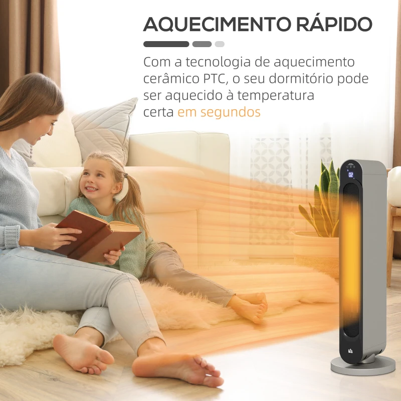 HOMCOM Aquecedor Cerâmico de Torre 1100/2200W com Controlo Remoto Ecrã LED Temporizador de 12h Termostato 3 Modos Ø25x73,5 cm Prata e Preto