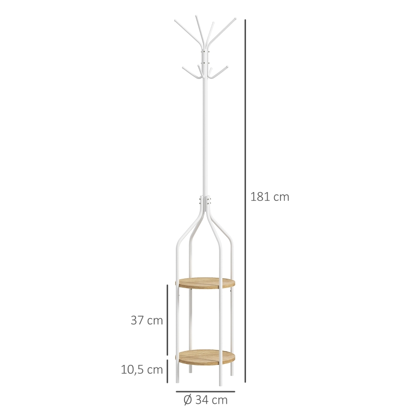 HOMCOM Cabide de Pé com 2 Prateleiras Cabide de Pé para Roupa de Metal com 8 Ganchos Ø34x181 cm Branco