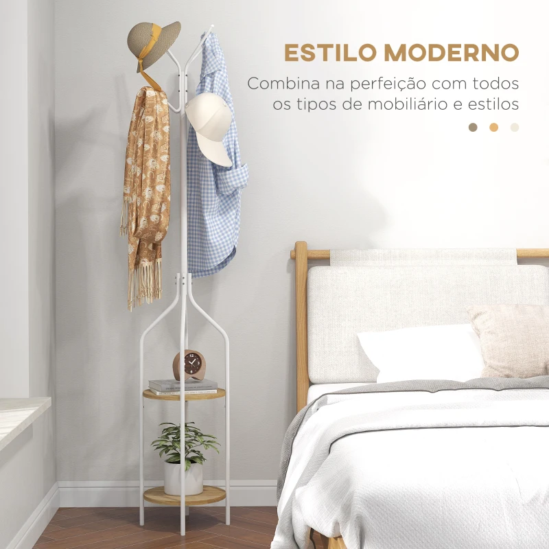HOMCOM Cabide de Pé com 2 Prateleiras Cabide de Pé para Roupa de Metal com 8 Ganchos Ø34x181 cm Branco