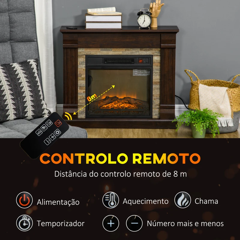 HOMCOM Lareira Elétrica 1800W com Efeito de Chama Realista e Proteção Contra Superaquecimento 80x21,6x67,8 cm Marrom