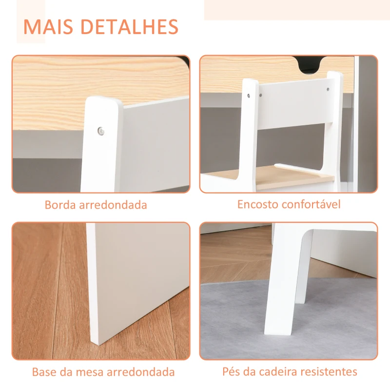 HOMCOM Secretária para Crianças de 3 e 6 Anos Conjunto de Mesa e Cadeira com Gaveta e Prateleira para Livros 70x50x75 cm Branco e Madeira