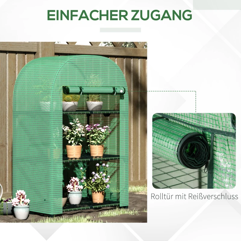 Outsunny Foliengewächshaus Balkon mit 3 Ablagen Mini Gewächshaus Treibhaus Tomatenhaus Pflanzenhaus Frühbeet Metall Grün 80 x 49 x 120 cm