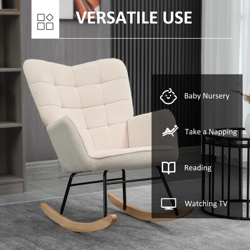 HOMCOM Accent Rocking Chair, Upholstered Berber Fleece Nursery Glider Rocker, Modern Armchair, Wingback Chair for Living Room and Bedroom, Beige