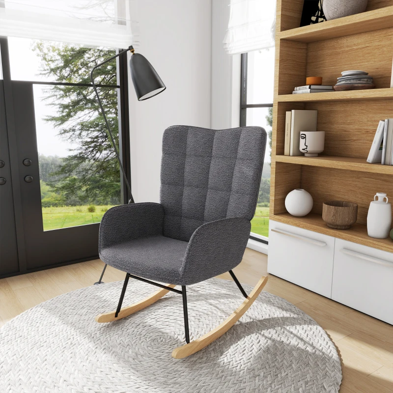 HOMCOM Berber Fleece Nursery Glider Rocker for Nursing, Wingback Rocking Chair for Living Room, Dark Grey(m-2)