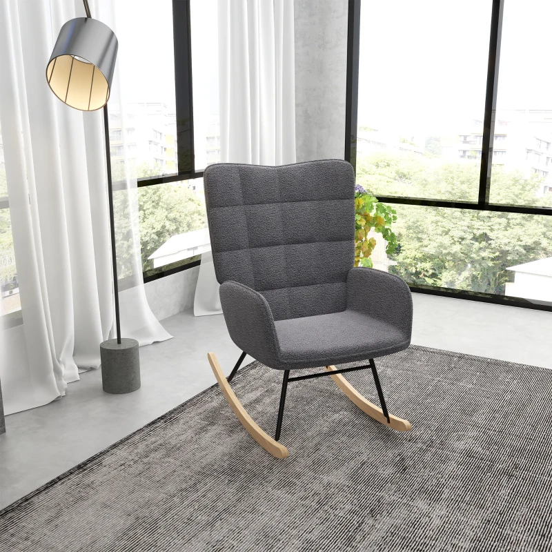 HOMCOM Berber Fleece Nursery Glider Rocker for Nursing, Wingback Rocking Chair for Living Room, Dark Grey(m-9)