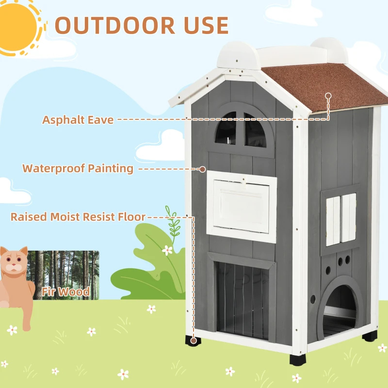PawHut® Domek Budka Dla Kota 2-Piętrowa Willa Dach Asfaltowy Lite Drewno Szary 59 x 55 x 109 cm