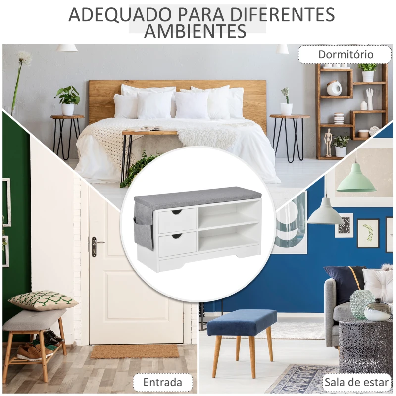 HOMCOM Banco Sapateira com 2 Prateleiras Bolso Almofada Amovível e 2 Gavetas para 4 Pares de Sapatos 80,5x30,5x43,5 cm Branco e Cinza