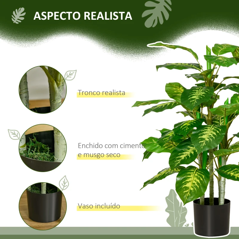 HOMCOM Planta Artificial Aglaonema Planta Sintética de 95cm com 42 Folhas e Vaso de Cimento Decoração para Casa e Exterior Verde