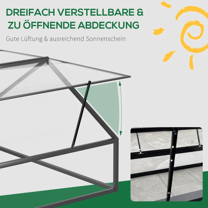 Outsunny Frühbeet Alu Treibhaus Gewächshaus Frühbeetkasten Pflanzenbeet mit Abdeckung Polystyrolplatte wetterfest Schwarz+Transparent 117 x 97 x 52 cm