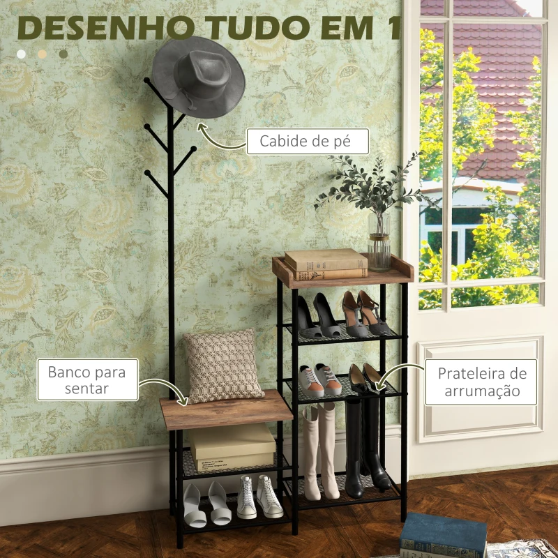 HOMCOM Móvel Cabide de Entrada com Sapateira 5 Prateleiras 6 Ganchos Estilo Industrial 92,5x28x182 cm Marrom Rústico