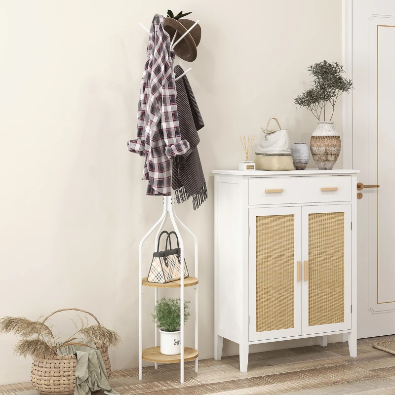HOMCOM Cabide de Pé com 2 Prateleiras Cabide de Pé para Roupa de Metal com 8 Ganchos Ø34x181 cm Branco