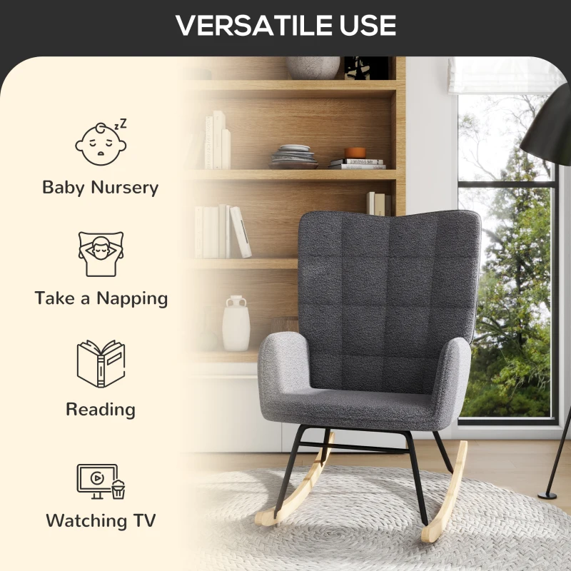 HOMCOM Berber Fleece Nursery Glider Rocker for Nursing, Wingback Rocking Chair for Living Room, Dark Grey(m-6)
