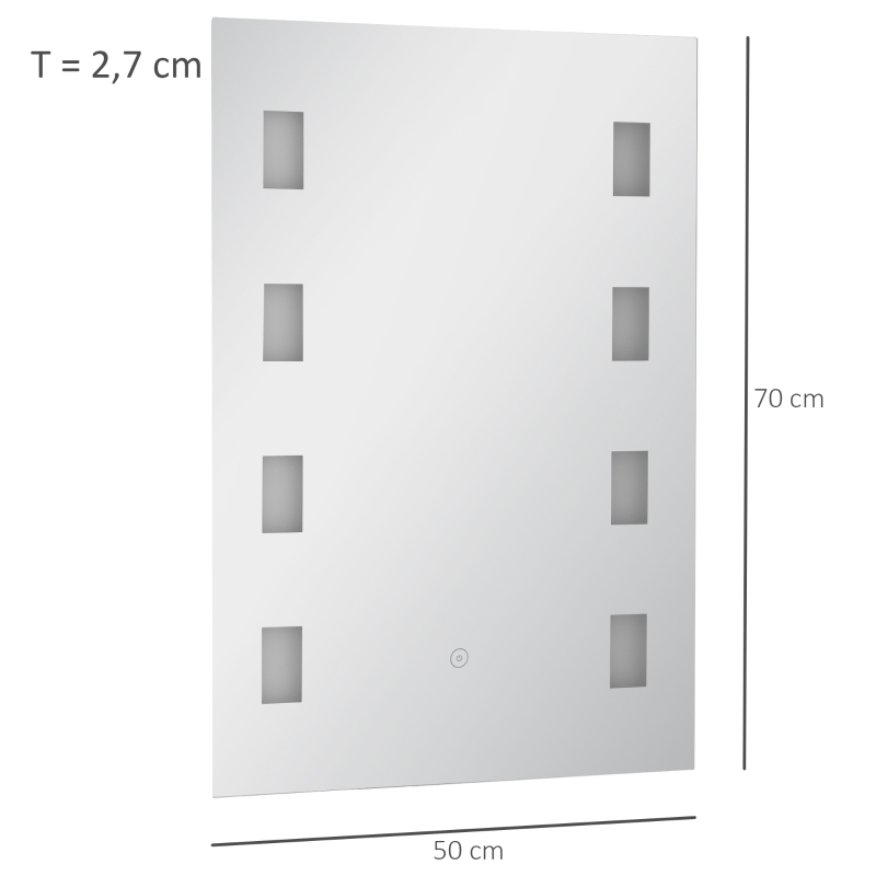 kleankin Espelho Casa de Banho com Luz LED 14,5W com Função Antiembaciamento Interruptor Tátil e Luzes Branco Frio 70x50 cm Prata