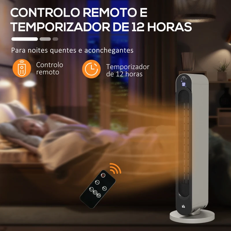 HOMCOM Aquecedor Cerâmico de Torre 1100/2200W com Controlo Remoto Ecrã LED Temporizador de 12h Termostato 3 Modos Ø25x73,5 cm Prata e Preto