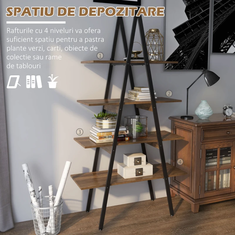 HOMCOM Raft Biblioteca Stil Industrial din PAL si Otel in Forma de A, 92x38.5x166 cm, Maro si Negru