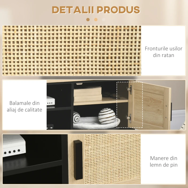 HOMCOM Dulap Suport TV Pana la 60" cu 2 Dulapioare si Rafturi Deschise, Mobilier de Sufragerie Stil Boho cu Insertii de Ratan, 120x40x42 cm