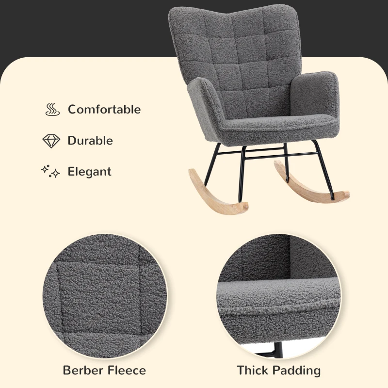HOMCOM Berber Fleece Nursery Glider Rocker for Nursing, Wingback Rocking Chair for Living Room, Dark Grey(m-5)