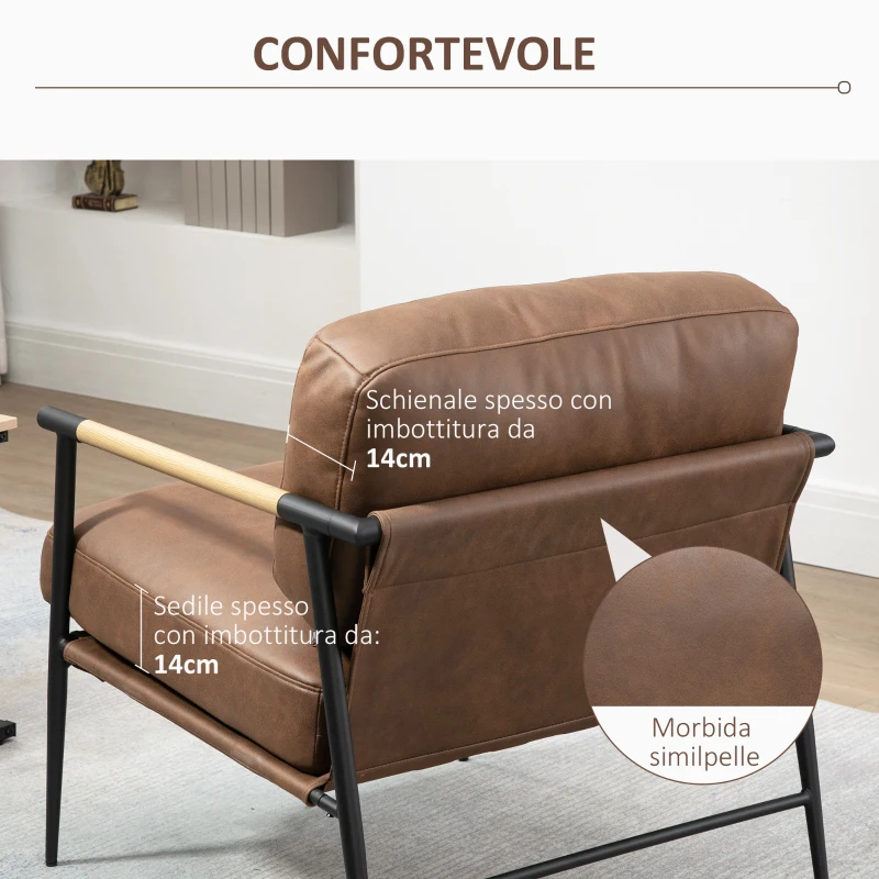 HOMCOM Poltroncina Imbottita Stile Industriale in Similpelle e Acciaio, 72x76x80cm, Marrone