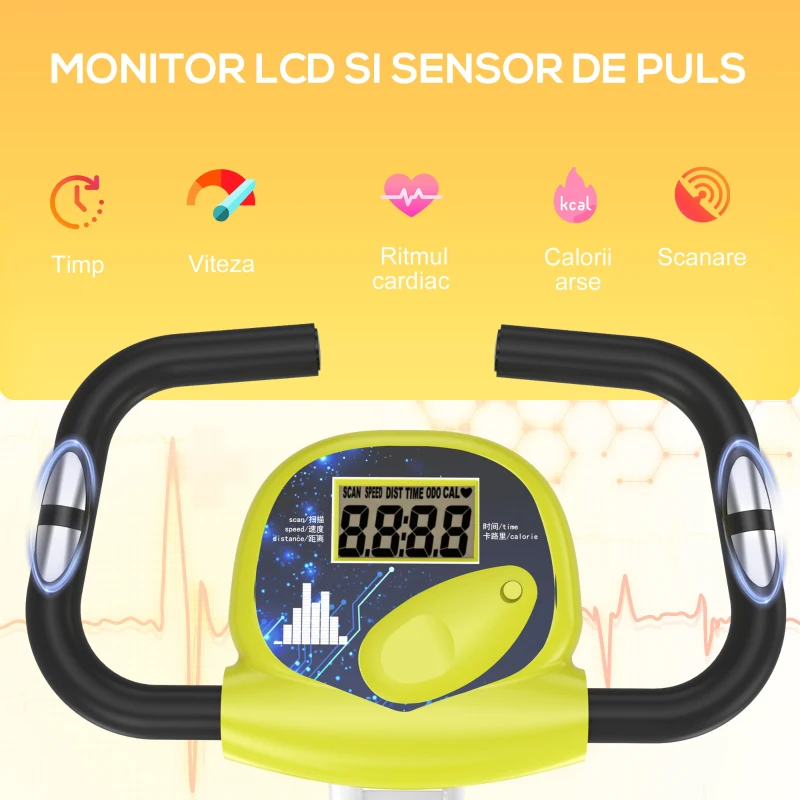 HOMCOM Cyclette Magnetica Pliabila, cu Inaltime si Intensitate Reglabile, Ecran LCD, Galbena(m-4)