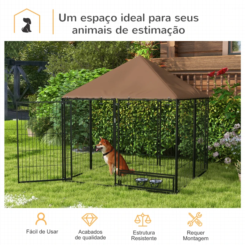 PawHut Parque para Cães com Toldo com Suporte Giratório para Comida 2 Tigelas Incluídas 141x141x151 cm Preto Marrom