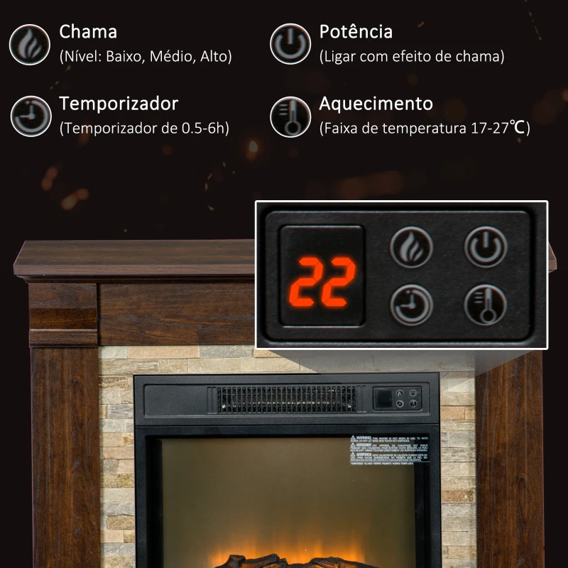 HOMCOM Lareira Elétrica 1800W com Efeito de Chama Realista e Proteção Contra Superaquecimento 80x21,6x67,8 cm Marrom