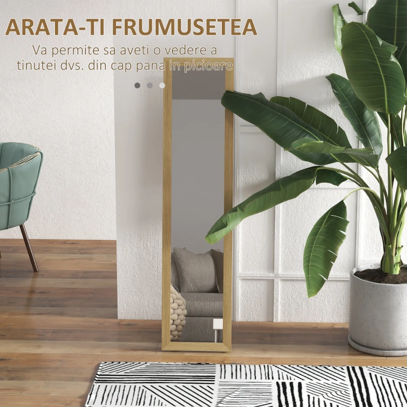HOMCOM Oglindă cu Ramă din MDF, Picioare și Cârlige pentru Utilizare pe Podea sau pe Perete, 37x40x155 cm, Culoare Lemn