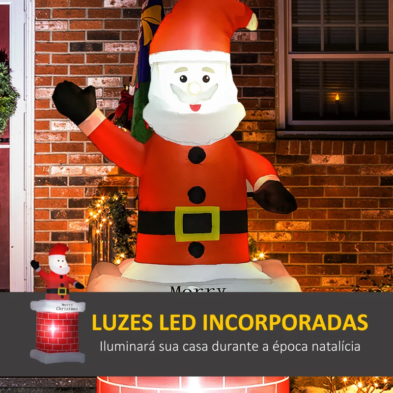 HOMCOM Pai Natal Insuflável com Chaminé 2 Luzes LED e Insuflador Elétrico Decoração de Natal 80x70x210 cm Multicor