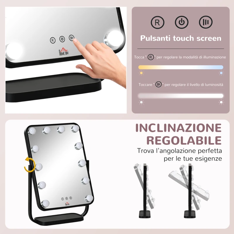 HOMCOM Specchio Trucco Illuminato Inclinabile con 12 Luci LED e Luminosità Regolabile, 32.8Lx11x47.4cm