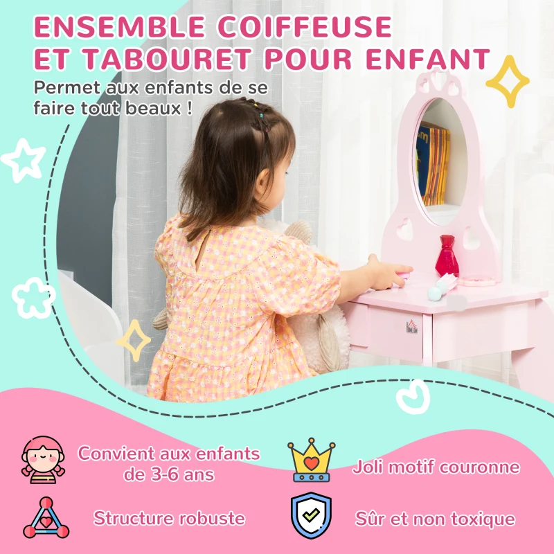 HOMCOM Coiffeuse Enfant Design Girly avec Motifs à Coeur - Tabouret Inclus - dim. 60L x 36l x 88H cm - tiroir, Miroir - MDF - Rose