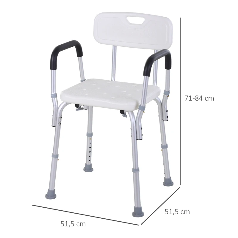 HOMCOM Cadeira para Duche Antiderrapante com Altura Ajustável em 6 Níveis Apoio para os Braços e Encosto 51,5x51,5x71-84 cm Branco