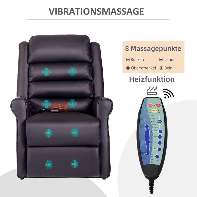 HOMCOM Massagestoel met opstaan hulp, 8 vibratiepunten, inclusief afstandsbediening, donkerbruin