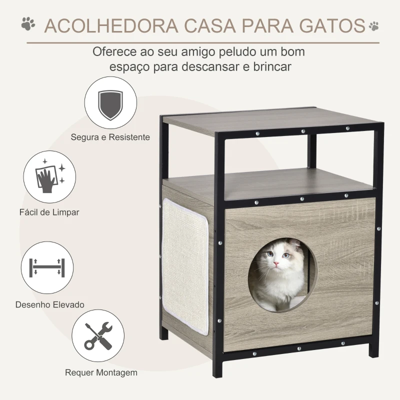 PawHut Casa para Gatos de Madeira com Aparência de Mesa Auxiliar Caverna com Almofada Extraível Porta com Orifício e Tapete Arranhador 48x40x64,5cm Carvalho Cinza
