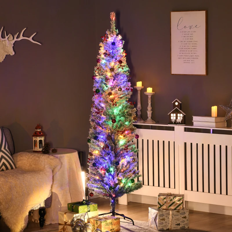 HOMCOM 6' Artificial Prelit Christmas Trees Holiday Décor with Colourful LED Lights, Flocked Tips, Berry, Pine Cone