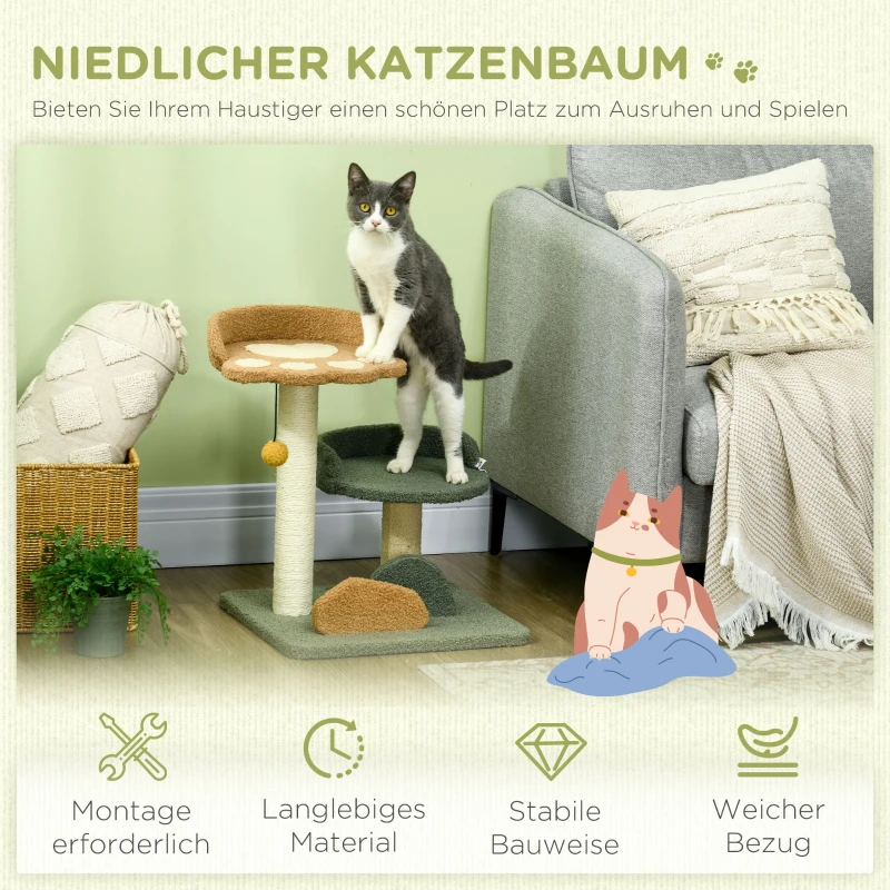 PawHut Kleine krabpaal met 2 ligvlakken, inclusief speelgoed, voor kleine katten, Groen Beige + Bruin