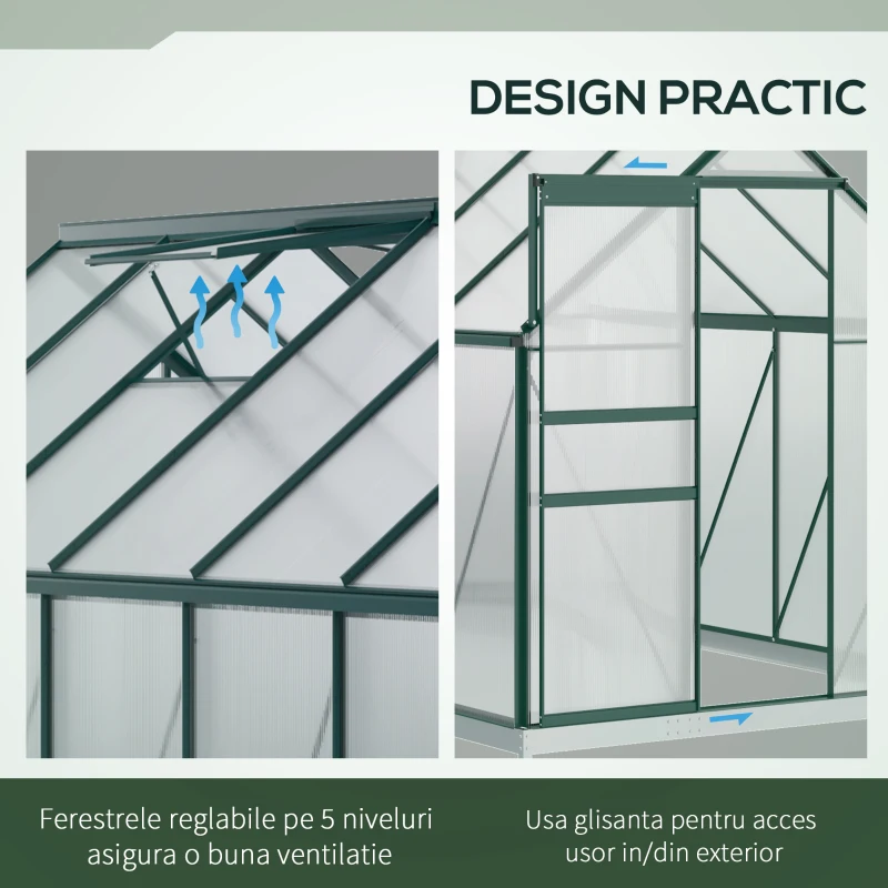 Outsunny Sera din aluminiu kit si policarbonat cu ventilatie, 190 x 375cm, Verde