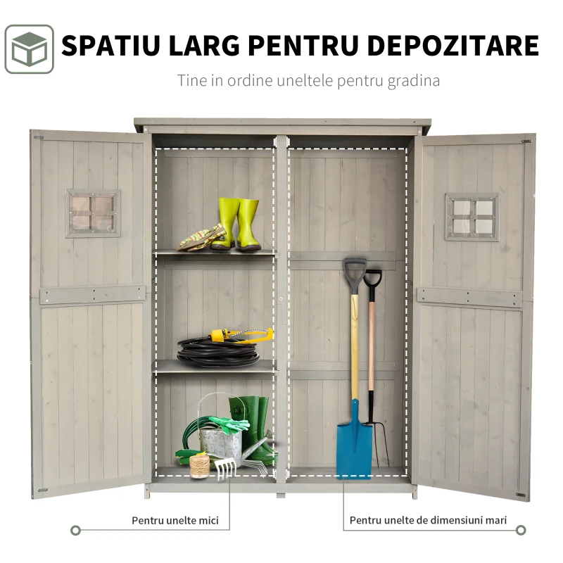 Outsunny Sopron Lemn 127,5×50×164 cm – Casuta Gradina cu Polite si Usi Duble