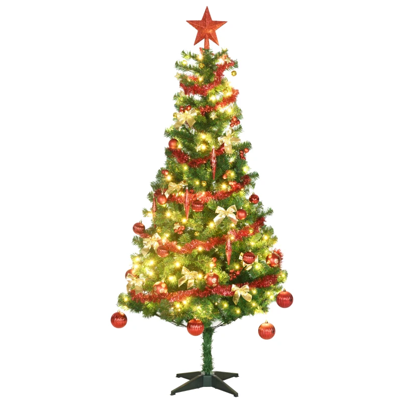 HOMCOM 6' Artificial Prelit Christmas Trees Holiday Décor with Warm White LED Lights, Auto Open, Tinsel, Ball, Star