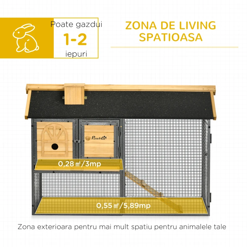 PawHut Cusca de Exterior pentru Iepuri, Cusca cu Tava Detasabila, Curte, Rampa, Casa pentru Animale Mici(m-4)