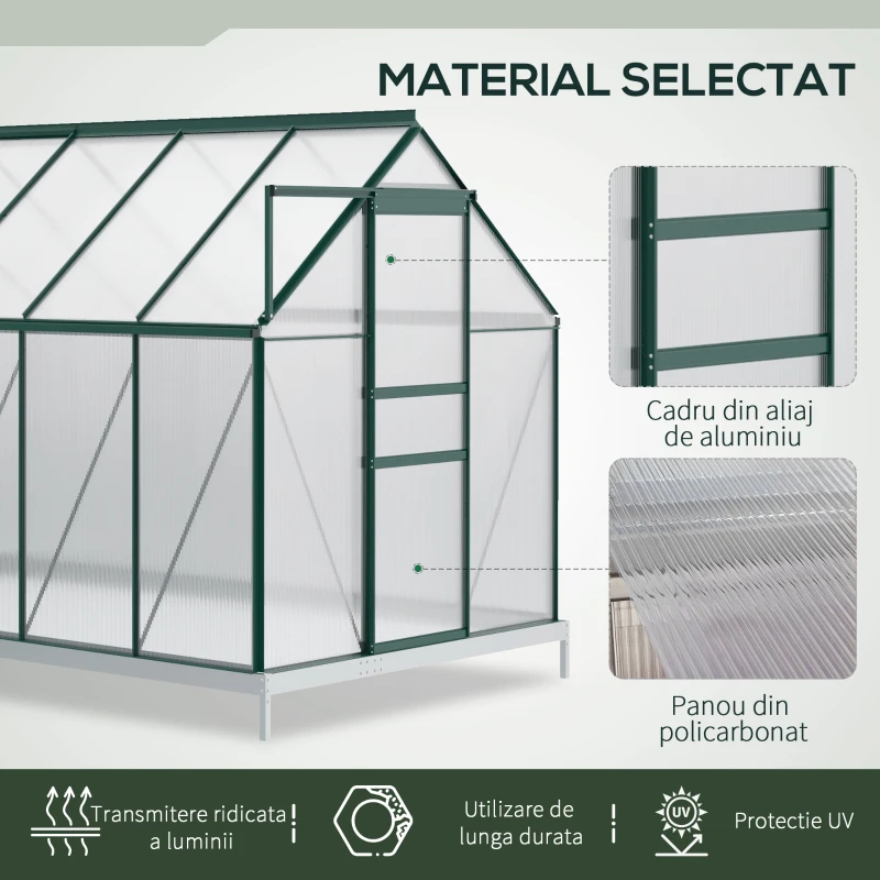 Outsunny Sera din aluminiu kit si policarbonat cu ventilatie, 190 x 375cm, Verde