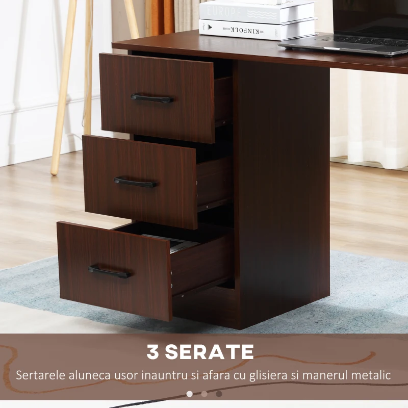 HOMCOM Birou cu 3 sertare si 3 rafturi reversibile, birou din lemn de 120 cm, culoare nuc(m-5)